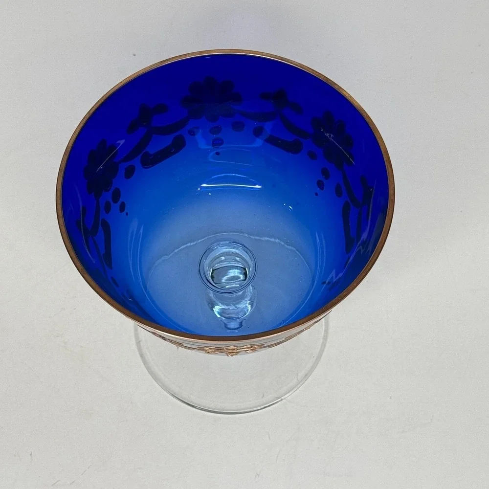 VTG Cobalt Blue Glass Compote Bowl Enamel Gold Gilt Pedestal Dish Candy Bohemian